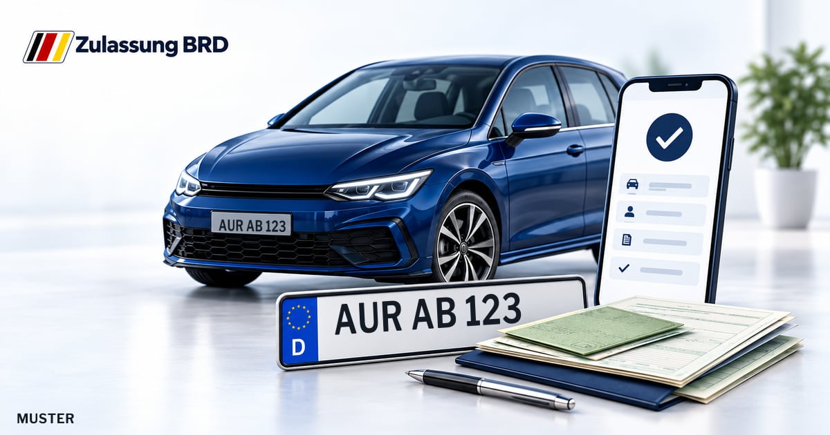 Online Fahrzeugzulassung in Landkreis Aurich: Musterkennzeichen AUR AB 123, Auto und Fahrzeugpapiere und Smartphone. Illustration mit Logo von Zulassung BRD.